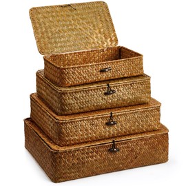 Didaey Set of 4 Seagrass Basket with Lid Wicker Storage Basket Decorative Storage Boxes with Lids Flat Storage Bins Woven Organizer Baskets for Shelf Closet Bedroom, 4 Sizes (Brown)