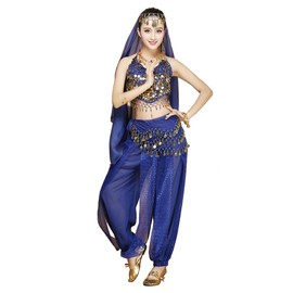 Womens Belly Dancer 4-Piece Costume Set Outfit with top Pants Head Veil Hip Scarf for Arabian Egyptian Dancing (Blue)