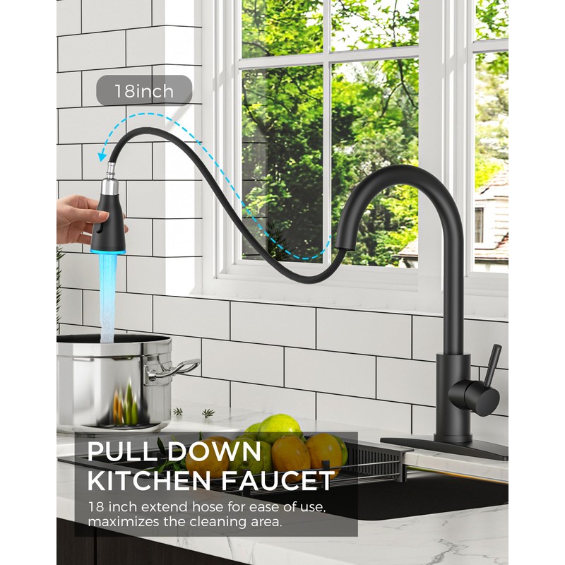 FORIOUS LED Kitchen Faucet with Pull Down Sprayer, Black Single