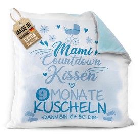 PR Print Royal Flauschiges Kissen mit Spruch - Mami Countdown - blau, Geschenk zur Schwangerschaft, werdende Mutter, Babyparty, Dekokissen 40 x 40 cm, inkl. Kissenfüllung, Rückseite Hellblau