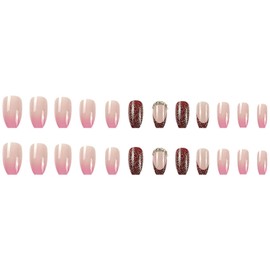 SWEKKE Pink Press On Nails - Medium Coffin Shape, French Gradient Glitter Designs, 24pcs