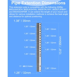 14'' Antenna Pole Mount Extension Tube with Multiple Mounting Holes, Compatibility with ASIN B0DLKGHV6J and B0D4XZWFBR, Stainless Steel Extender Pipe Bracket Rod Allows for Length Adjustment Sliver