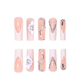 RikView French Tip Nails Square Press on Nails Long Fake Nails with 3D Flowers White Nails Glossy Stick on Nails 24 PCS