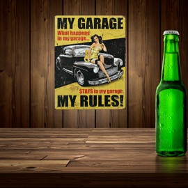 Shawprint My Garage WHAT HAPPENS IN THE GARAGE STAYS IN THE GARAGE RETRO METAL TIN WALL PLAQUE SIGN NOVELTY GIFT Home bar shed man cave (8" x 6")