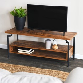 Household Essentials Crown TV Stand with Rectangular Storage Compartment Rustic Hickory Wood Grain and Black Metal