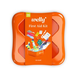 Welly First Aid Kit - Adhesive Flexible Fabric and Waterproof Bandages, Tape and Non-Stick Pads, Butterfly Strips, Single Use Ointments Triple Antibiotic and Hydrocortisone, and Ibuprofen - 130 Count