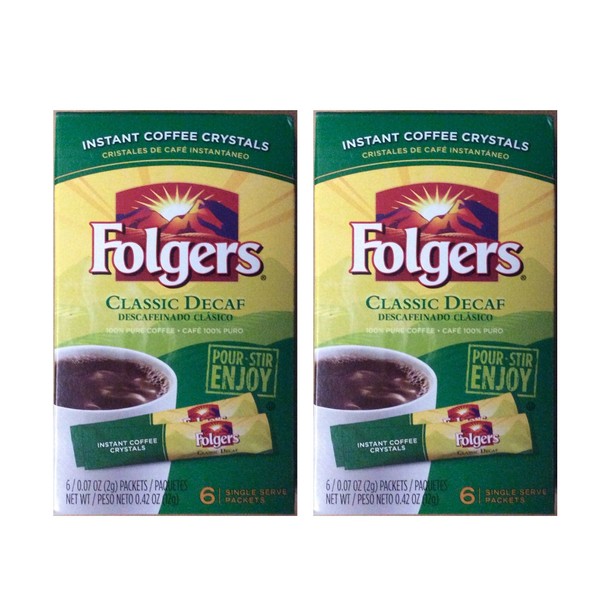 Folgers Instant Decaf Coffee Crystals - Paquetes de porción individuales - 6 cajas - 2 paquetes