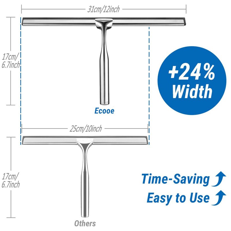 ecooe Stainless Steel Shower Squeegee with Hook, 12″ Shower Glass