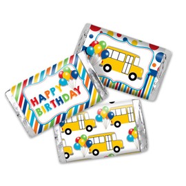 Wheels on The Bus Birthday Mini Chocolate Candy Bar Sticker Wrappers for Kids, 45 1.4" x 2.6" Wrap Around Labels by AmandaCreation, Great for Party Favors