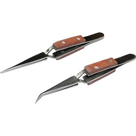 Set of 2 Tweezers Cross Lock Fiber Grip Self Closing 4-1/2" Bent & Straight Pair