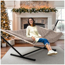 ANOW 2 Person Hammock with 12FT Heavy Duty Steel Stand, Double Rope Hammock with Detachable Pillow and Hammock Pad for Outdoors Indoors, 450 LBS Weight Capacity, Light Brown