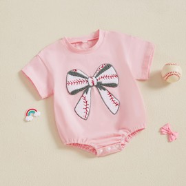 Newborn Baseball Outfit Baby Girl Baseball Bow Embroidery Bubble Romper Short Sleeve One Piece Sweater Bodysuit (Pink, 0-3 Months)
