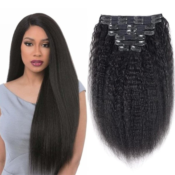 Unipearl Yaki Straight Clip-In Real Hair Extensions, 50 cm / 20 Inches, 8 Pieces, 120 g, Natural Black Hair Extensions for Women, Kinky Straight Remy Hair Extensions, Clip-In