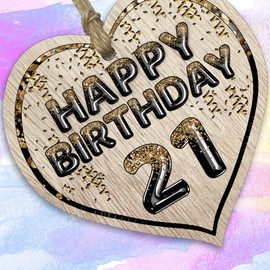 Fun 21st Birthday Gift For Men Woman Wooden Heart Plaques - Foil Age - 21 - Light Wood Sign Keepsake, Happy Birthday Plaque for Son Daughter Brother Sister Grandson Granddaughter Niece Nephew Uncle