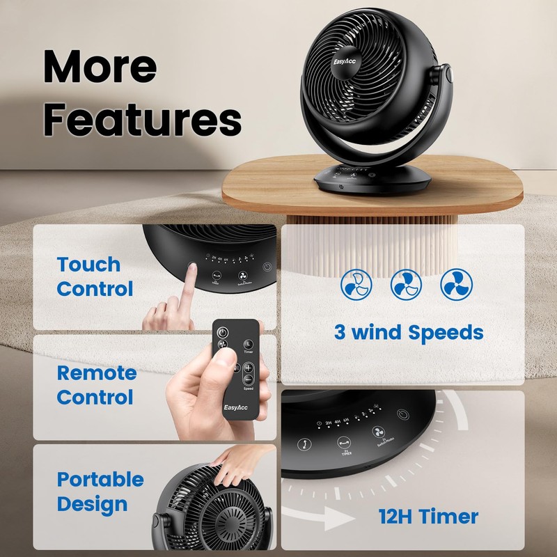 EasyAcc Ultra Quiet Fans for Bedroom 25dB, 3D Auto Air