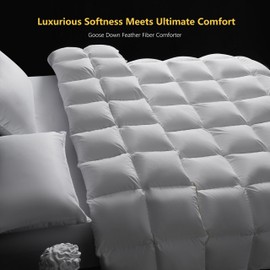 KAKABELL Luxury Goose Down Feather Fiber Comforter King Size All-Season Duvet Insert Ultra-Soft & Breathable Down Comforter 1200TC Poly-Cotton Noiseless Medium Warmth White 90x106Inches