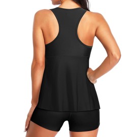 Tempt Me Women Black Two Piece Tankini Swimsuit with Shorts Tummy Control Keyhole Racerback Bathing Suits Tops L