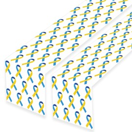 2PCS Down Syndrome Awareness Yellow Blue Ribbon Table Runner World Down Syndrome Day Party Supplies Decorations Favors Tablecloth Ehlers Danlos Syndrome Social Charity Event Table Cover