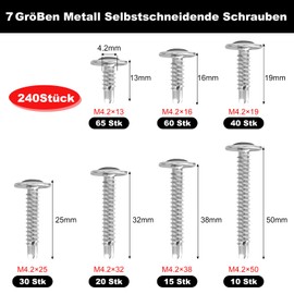 Celepoir Pack of 240 Self-Tapping Screws Kit, Cross Tapping Screws, M4.2 Self-Drilling Screws for Steel, Metal Self-Drilling Screws for Fixed Aluminium Fences