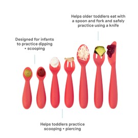 ezpz Developmental Utensil Set (Coral) - 100% BPA Free Fork, Spoon, Knife for Babies, Toddlers and Preschool - First Foods + Self-Feeding - Designed by a Pediatric Feeding Specialist