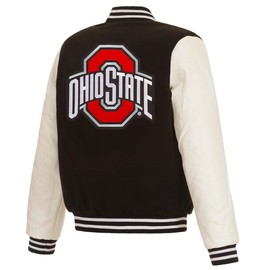JH Design Ohio State Buckeyes Jacket Varsity Style Snap Up Coat in 2 Colors (US, Alpha, Large, Regular, Regular, Black & White)