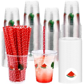 Blushtier 100 Set 12 oz Watermelon Disposable Plastic Cups with Lids and Straws Transparent Orange Watermelon Party Cups for Juice Water Coffee Tea Birthday Summer Fruit Party Supplies