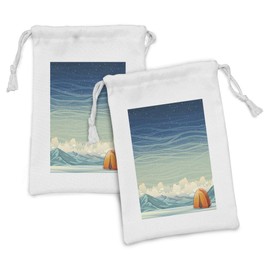 Lunarable Happy Camper Fabric Pouch Set of 2, Orange Tent Under Starry Night Sky with Clouds and Distant Hills Illustration, Small Drawstring Bag for Toiletries Masks and Favors, 9" x 6", Multicolor