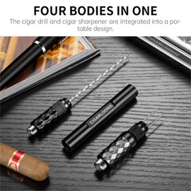 CIGARLOONG Cigar Punch,4-in-1 Cigar Cutter and Punch Set with Draw Enhancer Cutter and Twin Nubber, Sharp Stainless Steel Punch Portable Cigar Accessory Gift for Men (Gold)