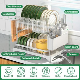 BCWW 2-Tier Dish Racks for Kitchen Counter, Multifunctional Dish Drying Rack, Large Capacity Metal Kitchen Dishes Drying Rack Plate Organizer for Bowls/Cups/Bottles (White)