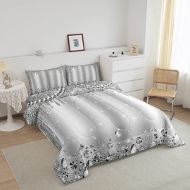 Grey Glitter Comforter Set King Size Diamond Pearls Silver Bedding Sets for Kids Teens Girls Men Room Decor Luxury Sparkling Jewelry Quilt Set Starlight Galaxy Duvet Insert 3pcs,2 Pillowcases