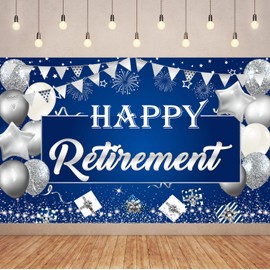 Tagoofely 6x3.6FT Blue Silver Happy Retirement Banner Blue Happy Retirement Backdrop Decorations,Happy Retirement Decorations for Men,Retirement Banner for Women.