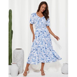 GRACE KARIN Summer Flowy Midi Dresses for Women Beach Wedding Guest Dresses White Blue XXL