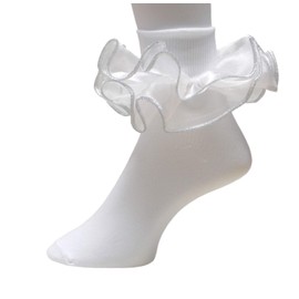 Girls Double Ruffle Socks - Big Full Organza with Trim Pageant Fanfare Foldover Ankle Style - 6-12 Month Old (Size 3-4, White w/Silver Trim)