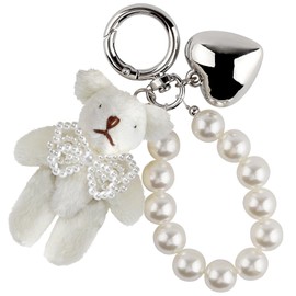 White Bear Plush Keychain,Fluffy Cute Keychain Pearl Pendant Key Chains for Car Keys,Heart Key Rings Stuffed Animal Keychain Cute Keychains Bag Charms Keychain Accessories for Backpack Charms Handbag