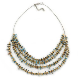 Avalaya Multistrand Pale Blue Shell Nugget and Gold Tone Flower Bead Wired Necklace In Silver Tone - 60cm L/ 5cm Ext