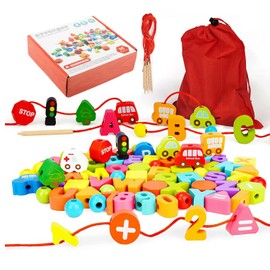 Yangers 76pcs Wooden Stringing Beads Lacing Threading toys Building Blocks Toddler Educational Learning Activity Toy for 2 3 4 age