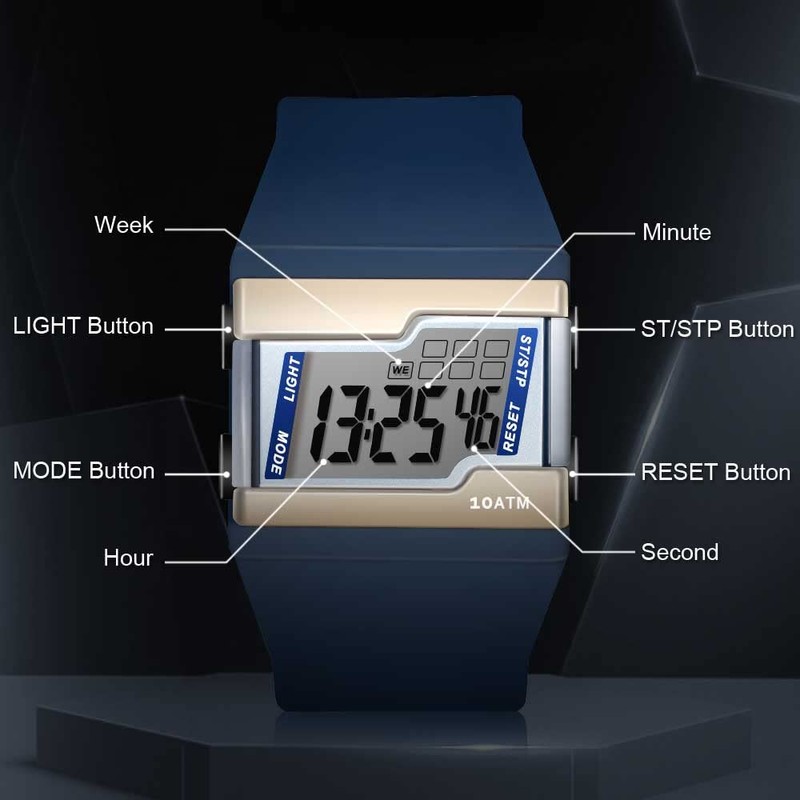 10 ATM Water Resistant Digital Watch with Multiple Functions Lap