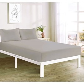 Fitted Bed Sheet With FREE MATCHING 2 X PILLOW CASES Poly Cotton Percale Easy Care Plain Dyed Bed Sheet Silver Double