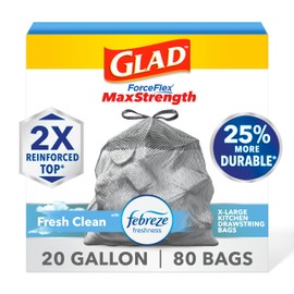 Glad ForceFlex MaxStrength XL Kitchen Trash Bags, 20 Gal, Fresh Clean, 80 Ct (Package May Vary)