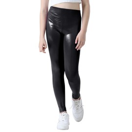 Nokecina Girls Shiny Metallic Leggings Size 13-14 Years Old Black Soft Dance Pants for Teen Workout