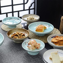 Kelendle Ceramic Footed Bowl Round Pedestal Bowl Decorative Fruit Bowl Serving Dish Dessert Display Tray Trifle Cups Snacks Nuts Plate for Kitchen Counter Centerpiece Table Decor Blue 7inch