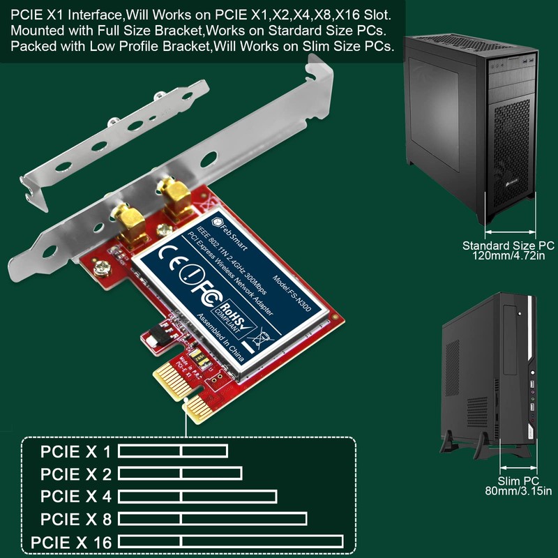 FebSmart Wireless N 2.4GHz 300Mbps PCIE Wireless Network Adapter for