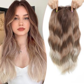 Hair Toppers for Women with Thinning Hair,Wig Topper Pieces,Lager Coverage Invisible Hairpiece Clip-in Volumizing & Curl Wiglet for Thinning Crown/Hairloss (Dark Brown Blonde with Highlights, 16inch)