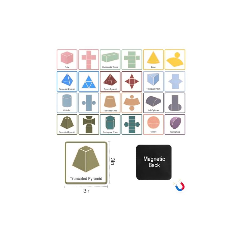 Magnetic 3D Shapes & Nets Flash Cards 3"x3", Geometry Math