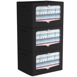 3 Pack Clothes Storage Bins - Foldable Metal Frame Storage Box - Stackable Linen Fabric Container Organizer Set with Carrying Handles and Clear Window (Black, 19.7x15.7x13inch(66L))
