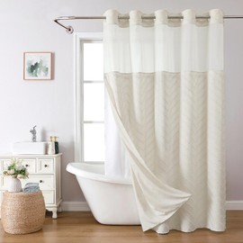 eachope Extra Long No Hook Tufted Chevron Striped Shower Curtain with Snap-in Fabric Liner set-71Wx98H(96H),Tall Hotel Grade Boho Style Shower Curtain,Water Repellent,Cream