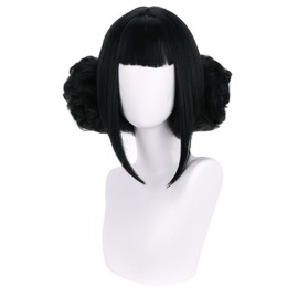 MAGQOO Black Wig with Buns Short Straight Bob Wig with Bangs Cartoon Anime Cosplay Costume Halloween Wigs