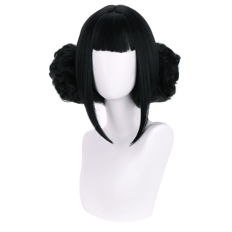 MAGQOO Black Wig with Buns Short Straight Bob Wig with