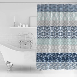 Bohemian Shower Curtain for Bathroom 72" x 78", Geometric Stripe Blue Grey Shower Curtain with Hooks Polyester Waterproof Home Bathtub Decor