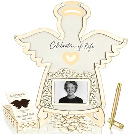 GalaGleam Wooden Funeral Guest Book Set, Celebration of Life Guest Book, Angel & Tree Memorial Service Books for Celebration of Life in Loving Memory, with 50 Wooden Wings, Large Keepsake Box and Pen